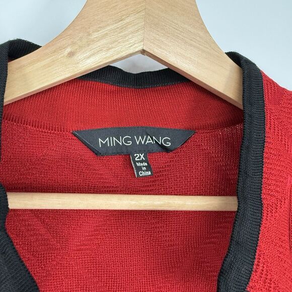 Ming Wang Womens Red Knit Cardigan Size 2X Black Trim Shoulder Pads Holiday - Picture 2 of 10